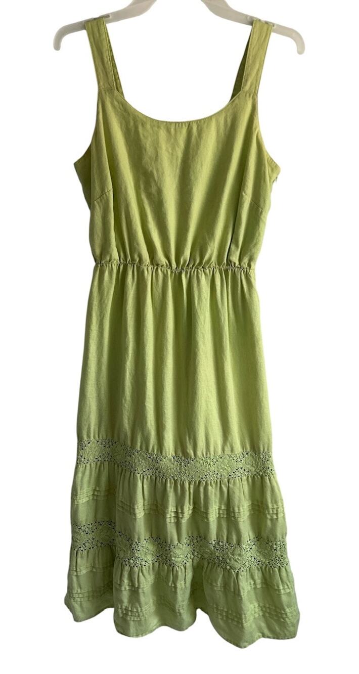 J. Jill Size XS Petite 100% Linen Chartreuse Midi Dress Crochet Lace Tiered